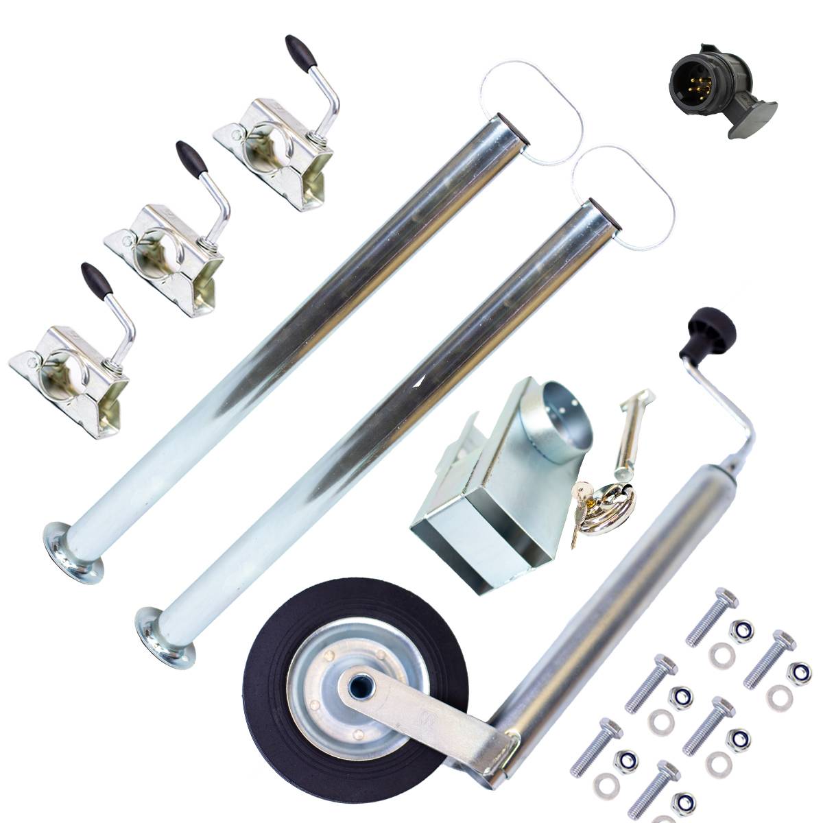 Kit d'accessoires pour remorque de voiture : roue jockey, supports 700 mm,  support de serrage avec matériel de fixation.